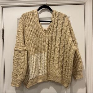 POL V-Neck Cable Knit Sweater - Tan and Cream